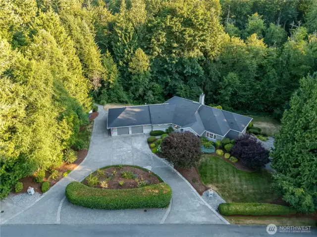 Expansive driveway surrounded by Pacific Northwest evergreens offers privacy and a serene forested setting in this Maple Valley estate.