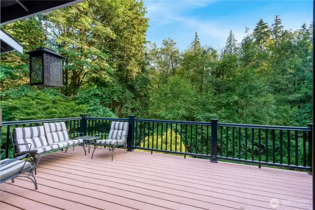 Spacious back deck overlooking green space—perfect for BBQs, outdoor dining, or enjoying the serenity of Maple Valley.