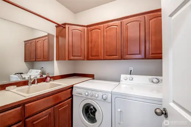 Large laundry room with large sink and plenty of cabinet storage and pole for hanging clothes.