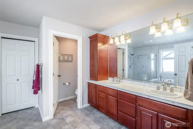 Primary bathroom with shower and large soaking tub. Large vanity with storage cabinets.
