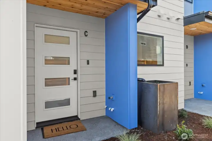 A warm welcome awaits behind this sleek modern entry, accented by a covered overhang and unique planter detail.
