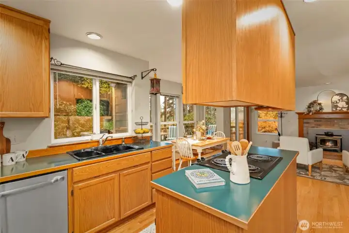 Kitchen with views to gardens in backyard.