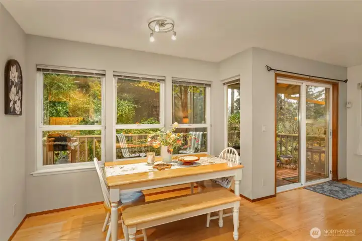 Eating nook between kitchen and family room...slider to back deck.