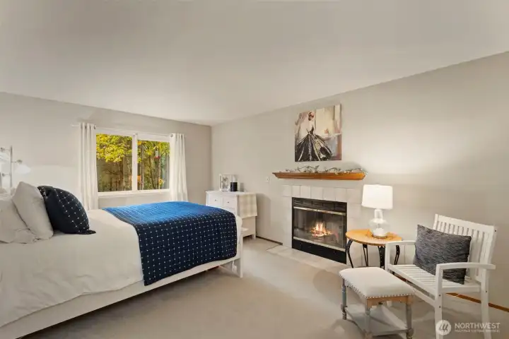 Primary bedroom with views to the beautiful, private backyard. Wood burning fireplace.
