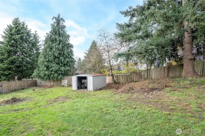Additional view of the fenced backyard.