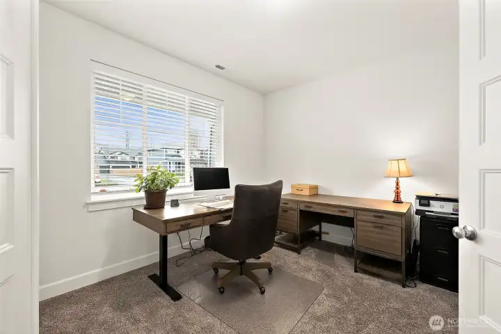 Beautiful french doors lead you to the main floor den. Sit at your desk and see Mt. Rainier in the distance.