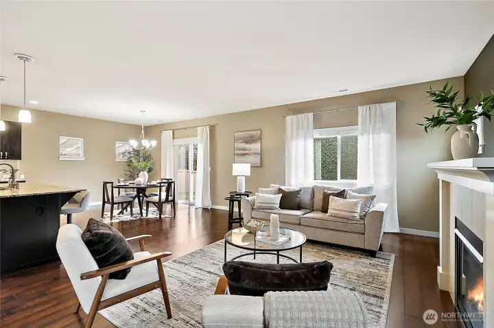 Great room seamlessly flows into kitvhen space.