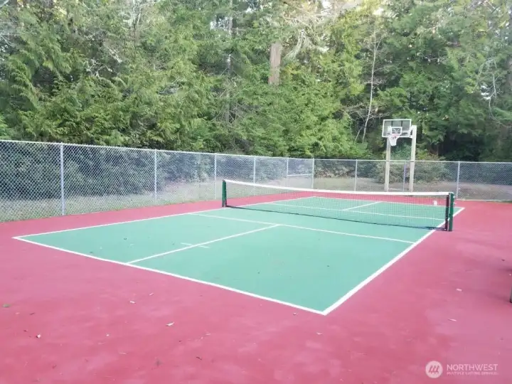 Multipurpose court outside clubhouse w/community gardens behind