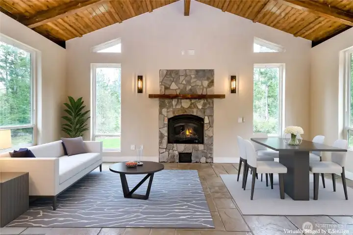 Cedar lined cathedral ceiling in great room & kitchen