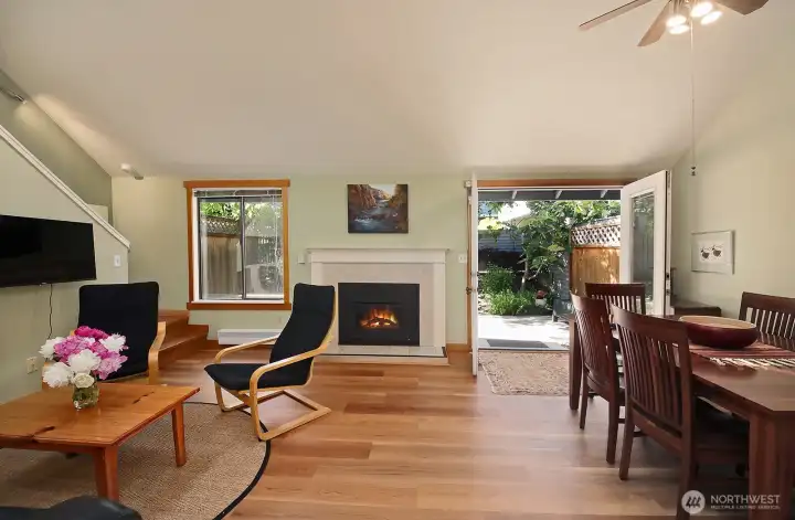 Propane fireplace provides warmth and ambiance.