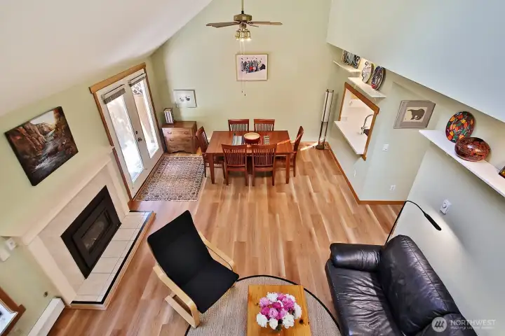 Looking down from the stairs on your way to the upper level.