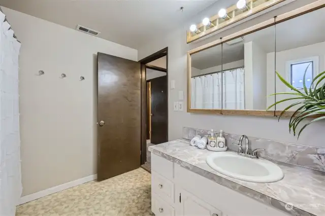 Main bath upstairs. Also with vintage countertop.