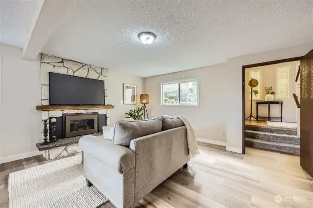 Step into the downstairs space from the foyer. Brand new flooring in 2024 throughout this level. Cozy gas fireplace to keep away the chill during the cooler months.