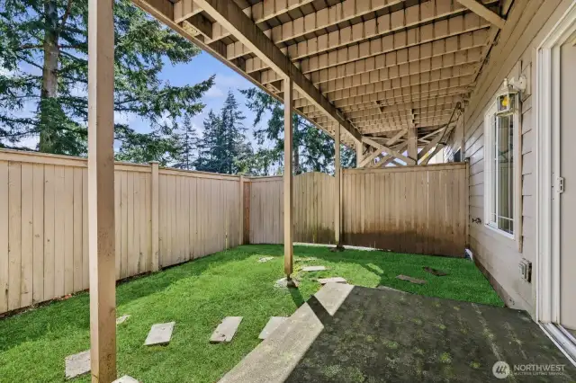Walk out patio from basement. Grass is enhanced in photo