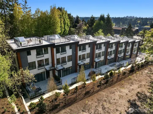 W Townhomes are 8 single family homes nestled next to the Bellevue Botanical Gardens, private rooftops decks and large main floor patios and addatched garages