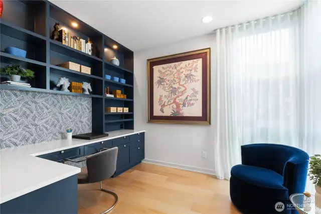 Main level office with custom built-ins.