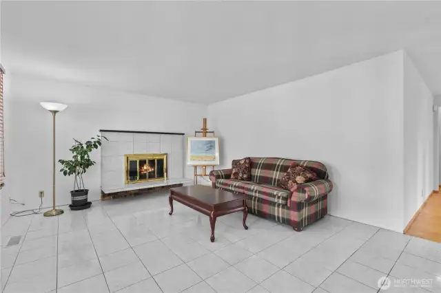 Living room with wood fireplace