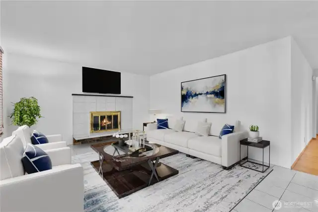 Virtually staged - Living room with wood fireplace