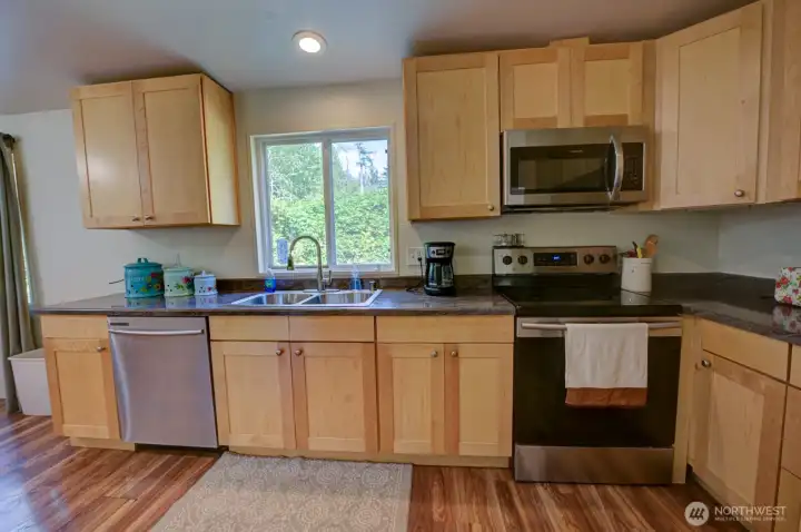 Kitchen with window over sink looking out to backyard