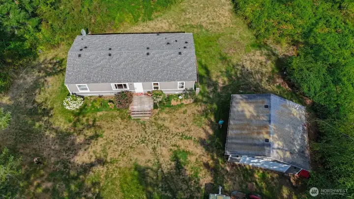 Birds eye view of property buildings.