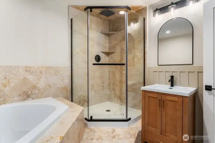 The bathroom is beautifully updated, combining style and functionality.
