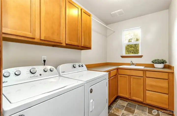 Down stairs: Laundry room with sink and storage