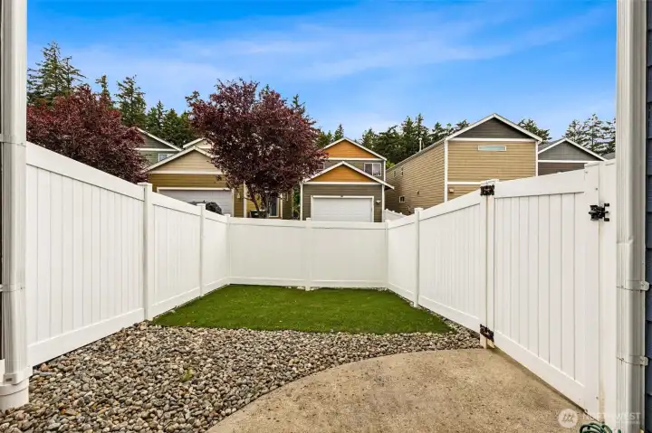 Low maintenance turf in the fenced yard.
