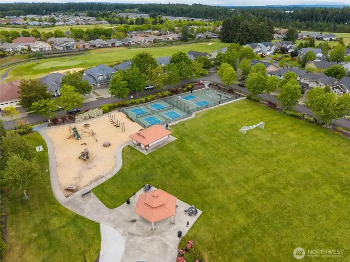 Edgewater Park with pickleball courts, playground, picnic shelter, and field.