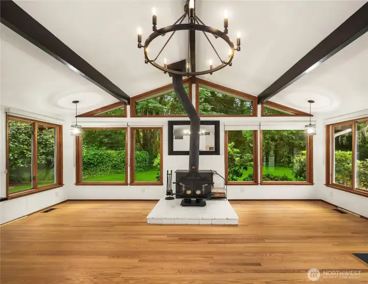 Nice wood stove keeps the house toasty and warm throughout the winter.