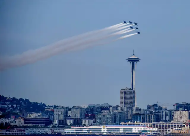 View of the Blue Angels flying over Seattle.  Photo courtesy of sellers.