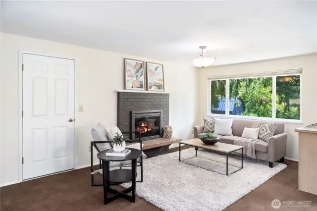 Cozy up to the wood fireplace