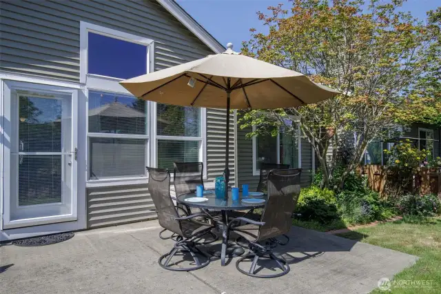 Charming back patio with lovely landscaping and a 30 year-old Birthday Rose.