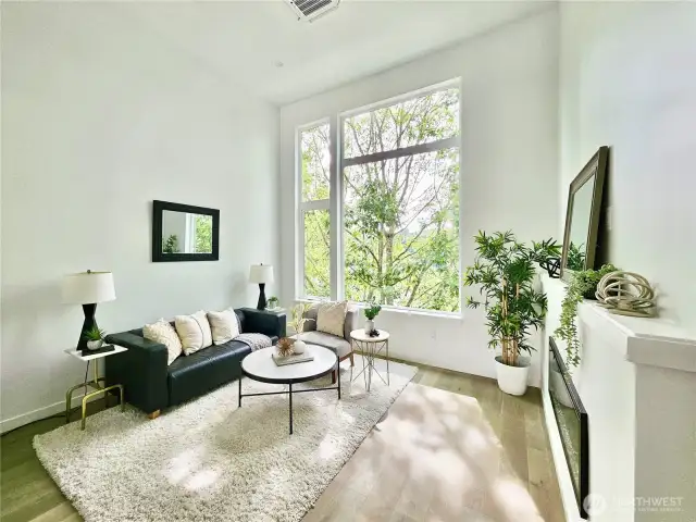 Soaring ceilings and tons of light create a special living area.