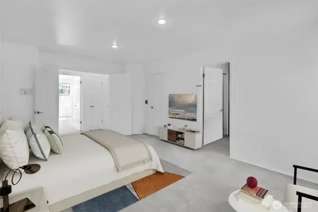 Primary Bedroom enjoys the view of the greenbelt backdrop (Virtually Staged)