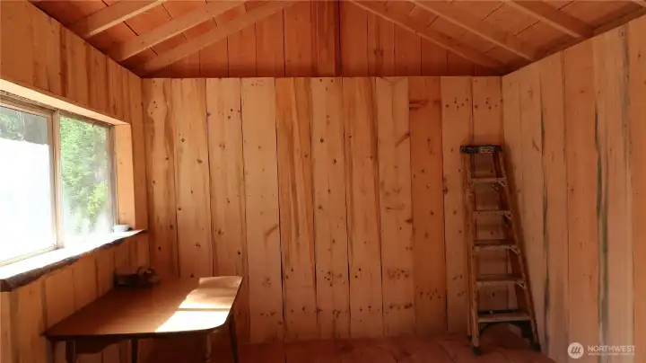 Inside of shed all pine smell heavenly and inviting.