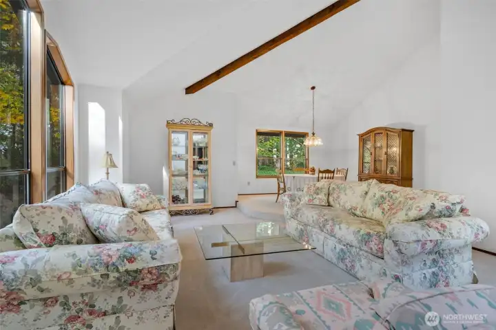 The sunken living room is joined by the dining room to create one "great room"