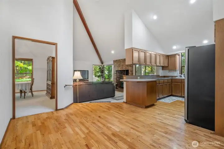 This photo shows the extra pace in the kitchen available for an additional table if needed.