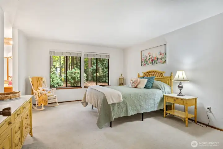 Primary bedroom with large window looking out to back yard