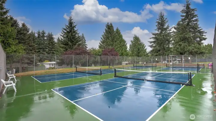 Pickle ball court with secured RV parking in the background.