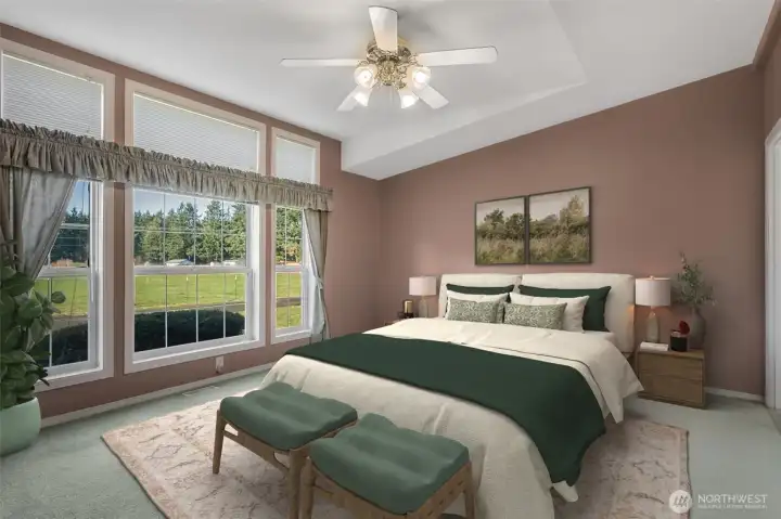 Primary suite is large with bath and walk in closing.  This is a split bedroom floor plan whichs offering privacy.