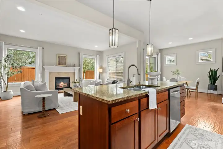 Family room flows with kitchen