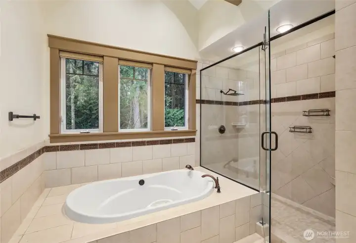 Large soaking tub, walk-in double shower