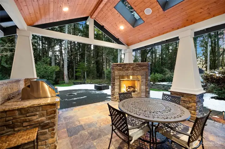 Patio with skylights, recessed lighting, and built-in speakers