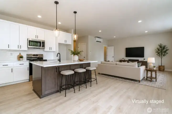 Hug island with storage in both sides, and LED pendant lights Hug island with storage in both sides, and LED pendant lights