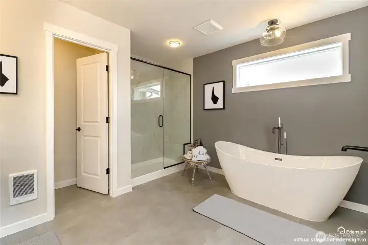 Free-standing spa-like tub and 5 ft walk-in shower with seat Free-standing spa-like tub and 5 ft walk-in shower with seat