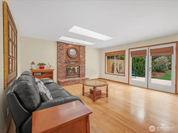 Family room off of the kitchen and view to the backyard.