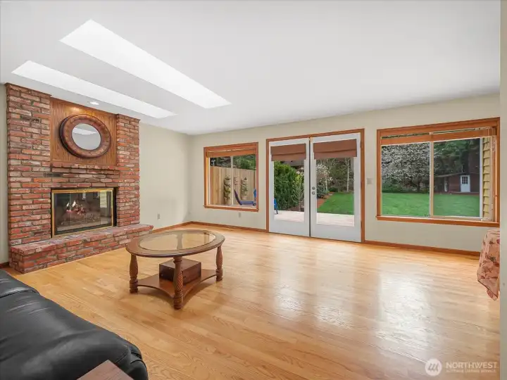 French doors open to patio deck.