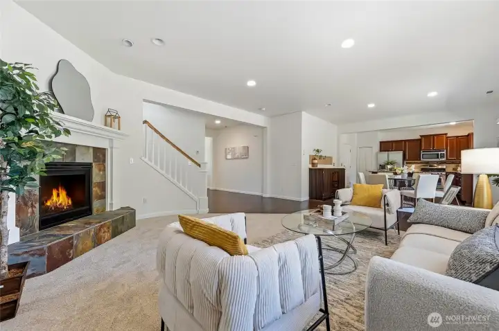 open living room with fireplace
