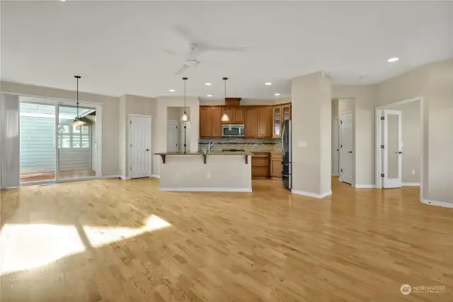 View of living room, kitchen and dining area