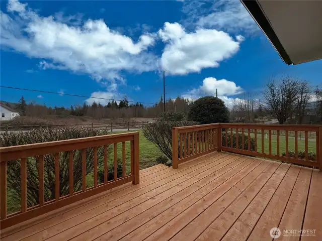 Deck of primary suite overlooking the fenced backyard & horse arena.
